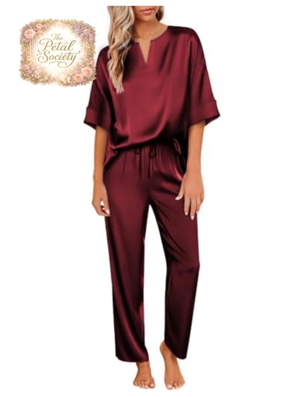 Satin Silk Pajama Set 2 Piece V Neck Short Sleeve Wide Leg Pockets